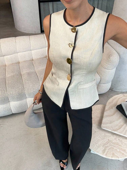 Women's French Style Sleeveless Vest With Big Metal Buttons Elegant Commuter Suit Jacket Casual Daily Business Attire Fashion