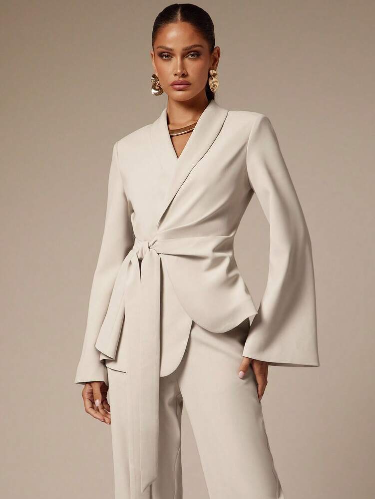 Women's Shawl Collar Long Sleeve Elegant Blazer Business Casual Attire Old Money Style White Lace-Up Suit Jacket Fall Outfit Chic