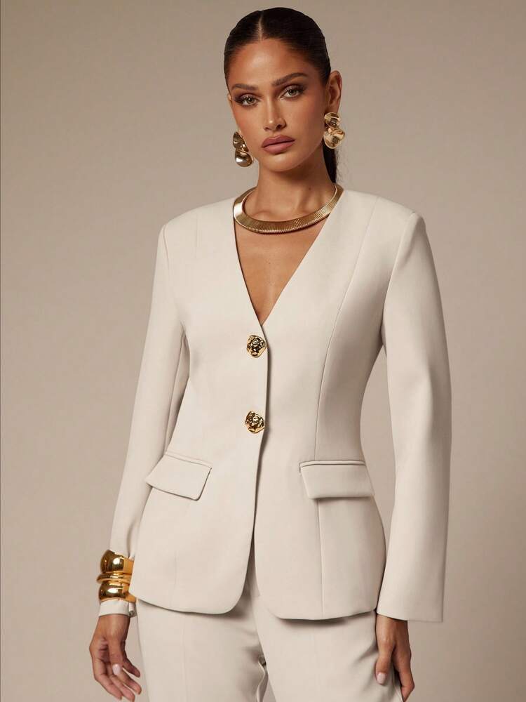 Women's Metallic Flower Decor Long Sleeve Suit Jacket Elegant Business Casual Attire Office Wear Party Outfit Fashion Old Money