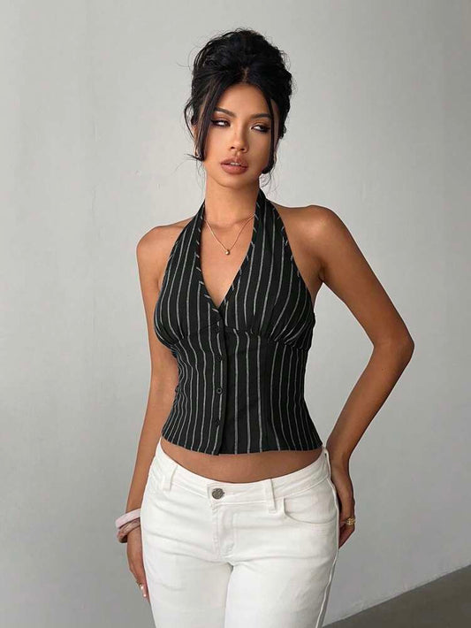 Women's Cotton Striped Stand Collar Single Breasted Vest Thin Suit Jacket Elegant Casual Commuter Outfit Business Fashion Chic