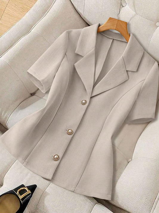 Women's Short Sleeve Blazer Faux Pearl Metal Button French Style Elegant Casual Commuter Outfit Spring Summer Business Jacket