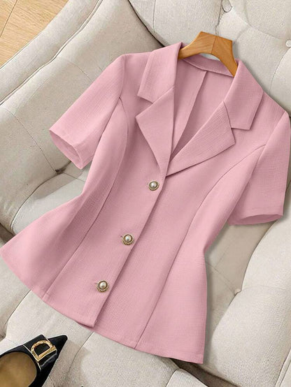 Women's Short Sleeve Blazer Faux Pearl Metal Button French Style Elegant Casual Commuter Outfit Spring Summer Business Jacket