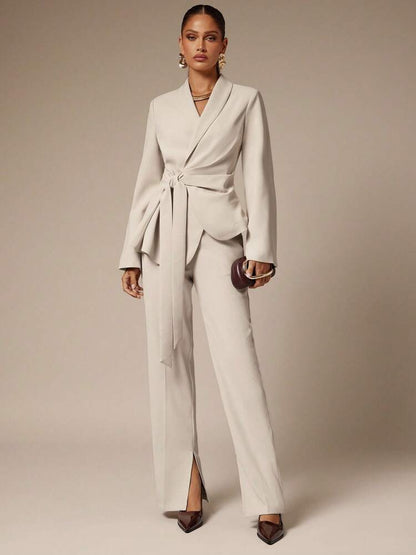 Women's Shawl Collar Long Sleeve Elegant Blazer Business Casual Attire Old Money Style White Lace-Up Suit Jacket Fall Outfit Chic
