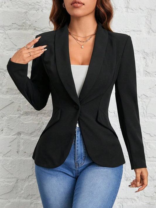 Women's Black Shawl Collar Single Button Suit Jacket Autumn Winter Commuter Business Casual Petite Elegant Office Blazer Chic