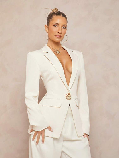 Women's White Suit Jacket Waist Cinched Padded Shoulder Blazer Elegant Layered Business Formal Festival Wedding Party Outfit Chic
